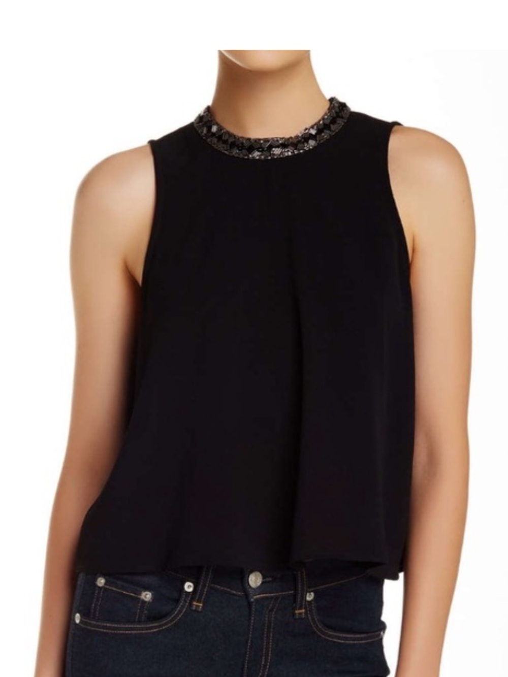 NWOT ASTR Black Beaded Embellished Neck Crop Blouse—Size Medium